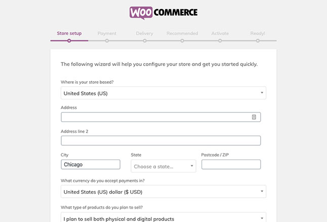 After redirecting to WooCommerce, complete the simple install wizard